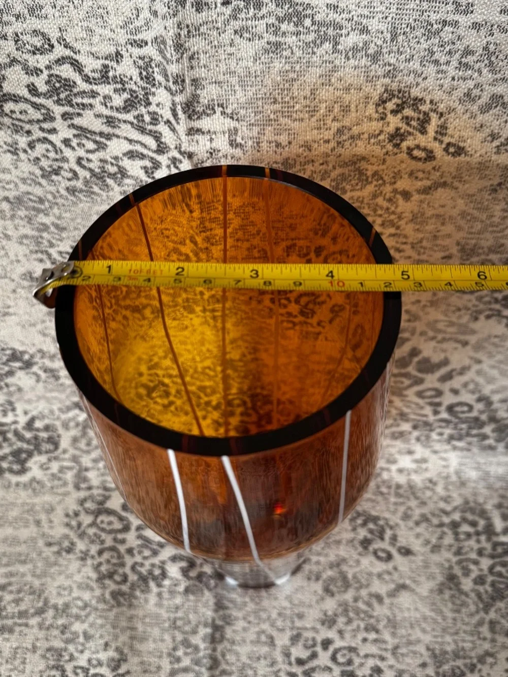 Hand Made Czech Republic Glass Bohemia Amber Vase w/White Decorative Stripes